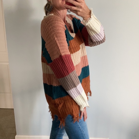 Oversized, Distressed Striped Sweater - Picture 3 of 8